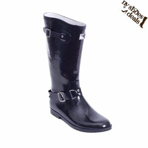 Women Rubber Rain Boots, Rider Style w/ Buckle Black Rainboots